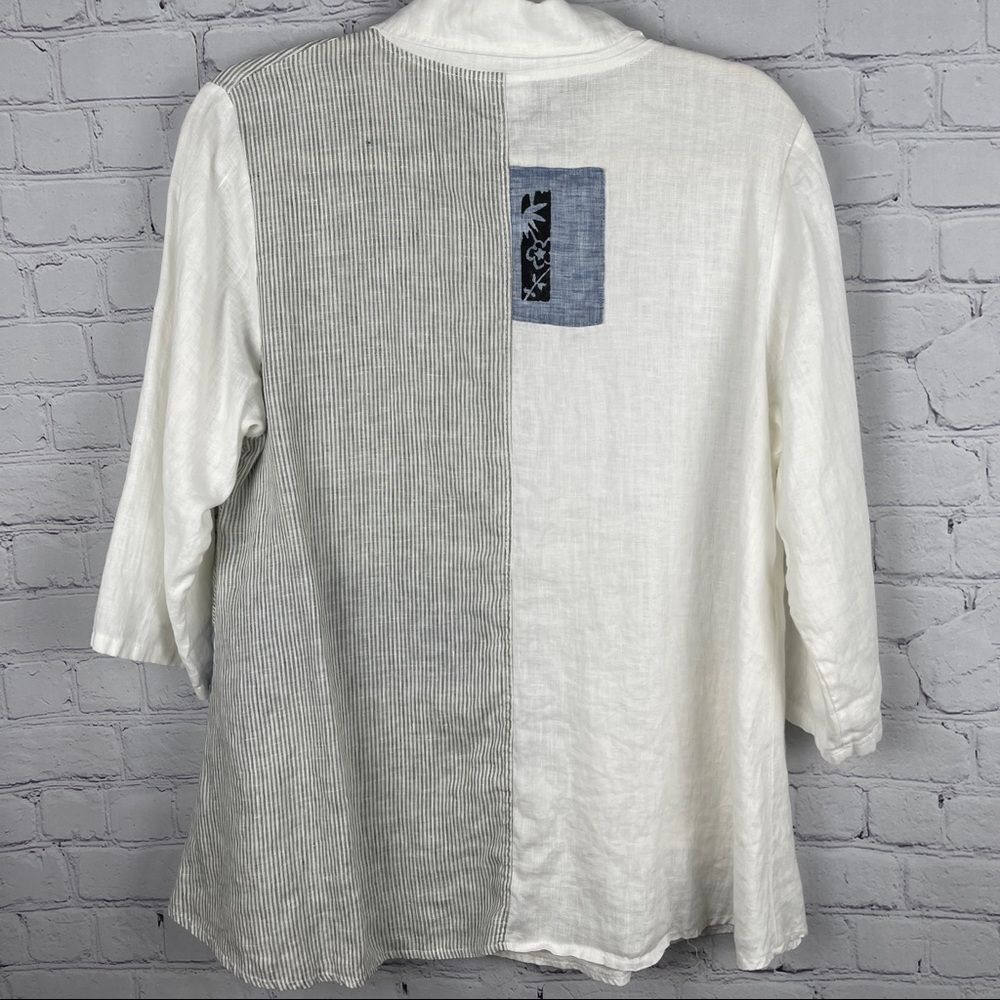 ODILE 100% linen button down white blue contrast shirt top, size S - Picture 2 of 13